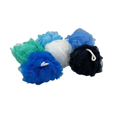 Six colorful mesh bath sponges.
