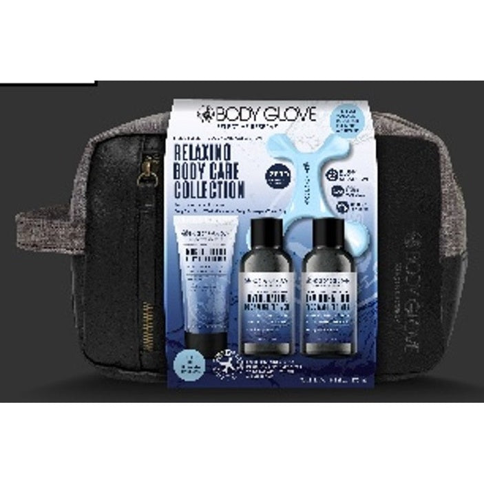 A Body Glove relaxing body care collection, including a gray toiletry bag, is presented on a dark background.