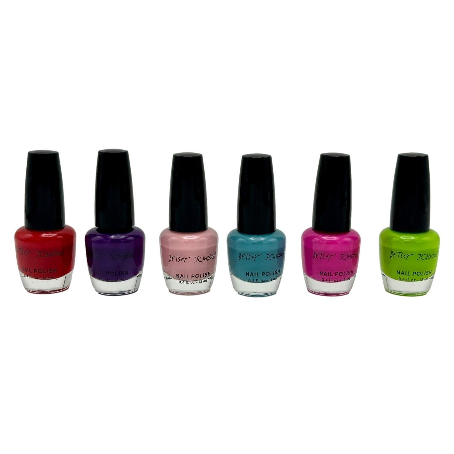 Six nail polish bottles in red, purple, light pink, blue, dark pink, and green with black caps.