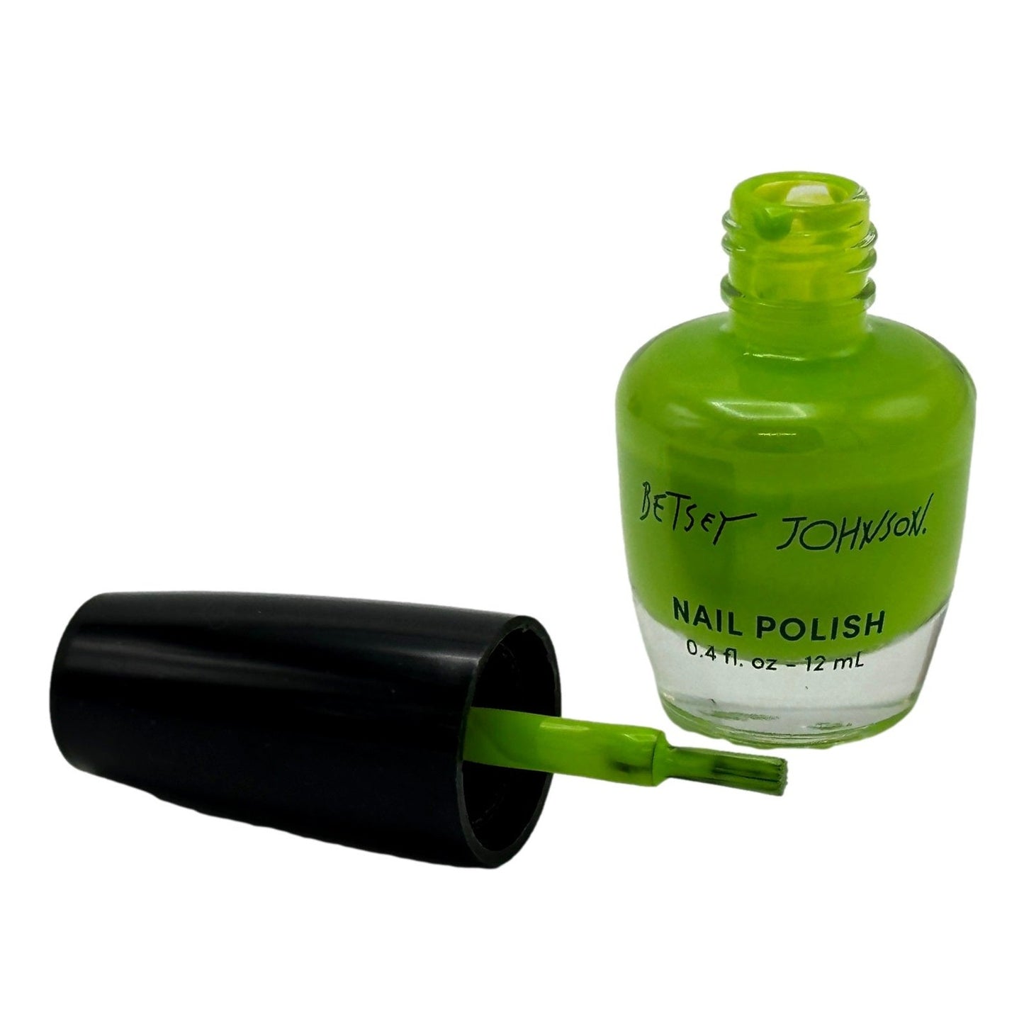 Green nail polish with black cap and applicator.