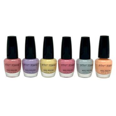 Six bottles of Betsey Johnson nail polish in pink, purple, yellow, light pink, gray, and peach.