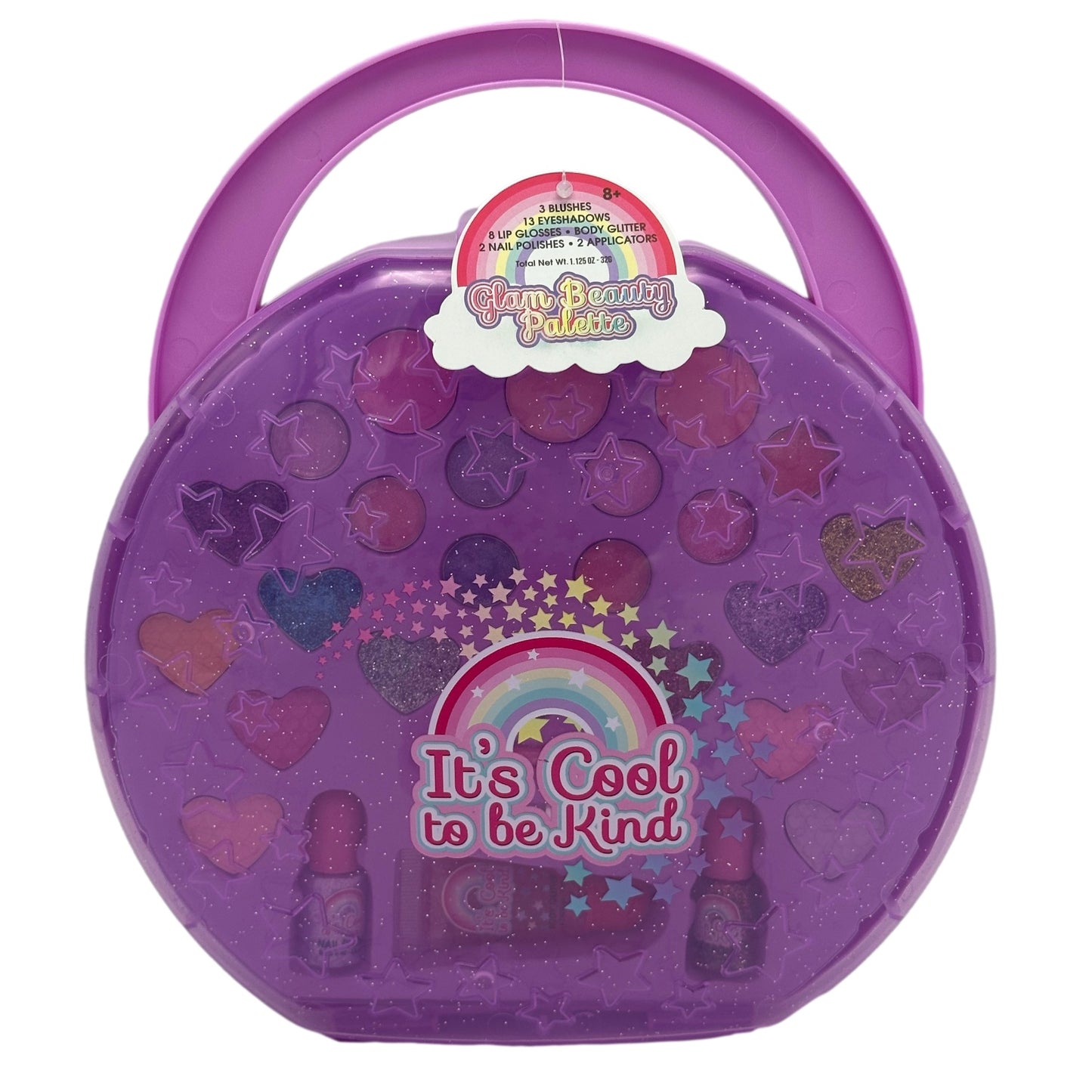 Purple, round children's makeup kit with handle.