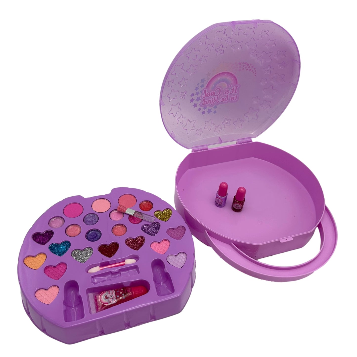 Open purple toy makeup kit.