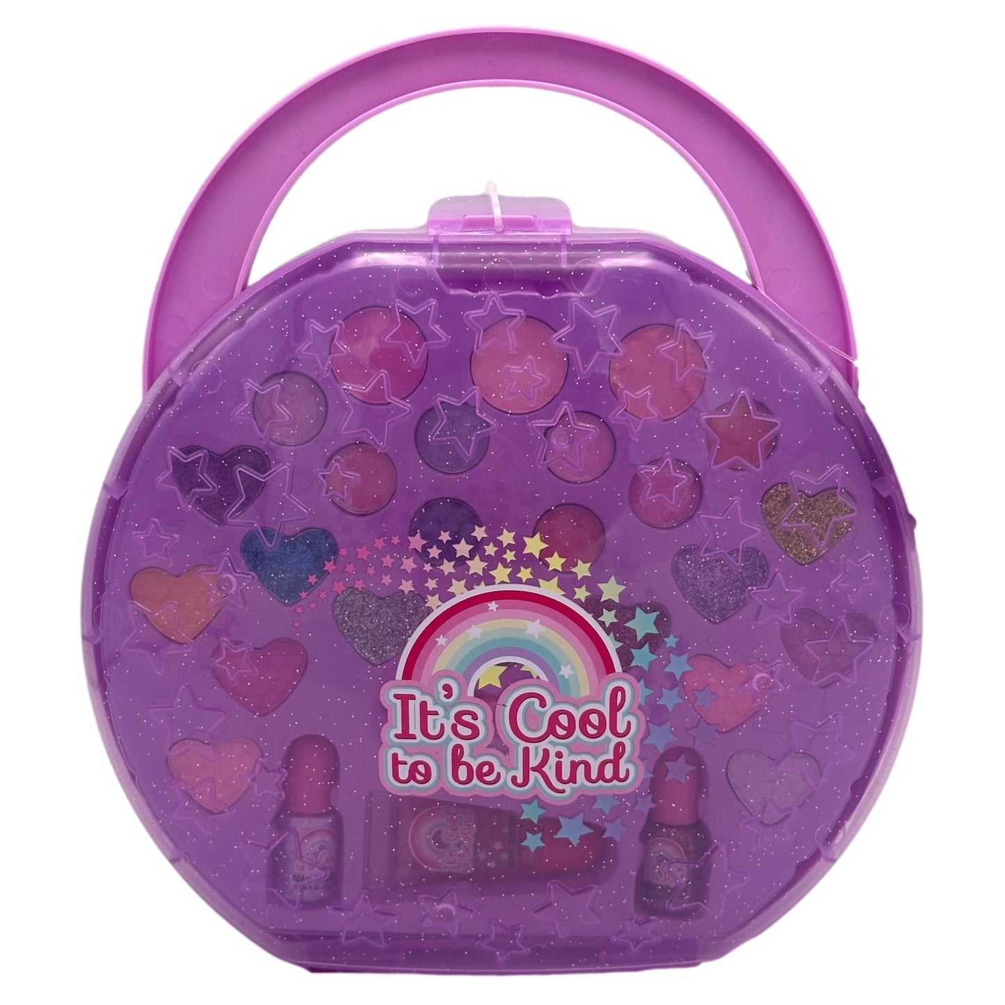 Purple glittery makeup kit with handle.