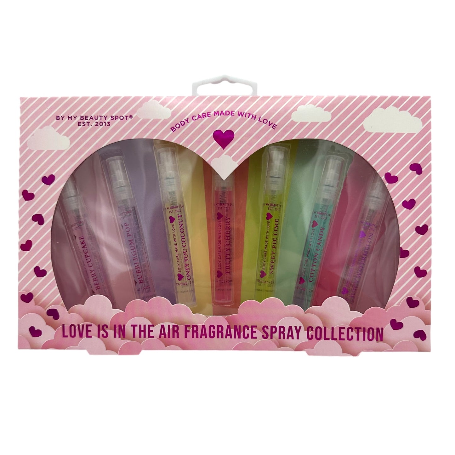 Box of fragrance spray collection in pastel colors.
