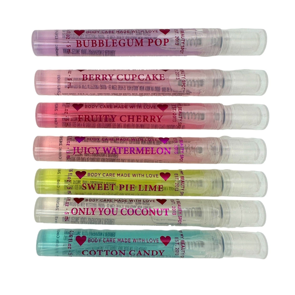 Array of colorful body sprays in clear tubes.