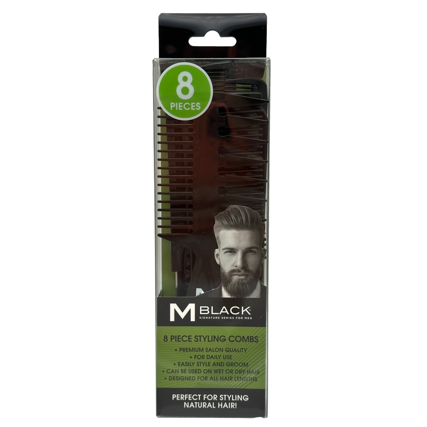 A package of "M Black" 8-piece styling combs for men, featuring a man with a beard on the packaging.