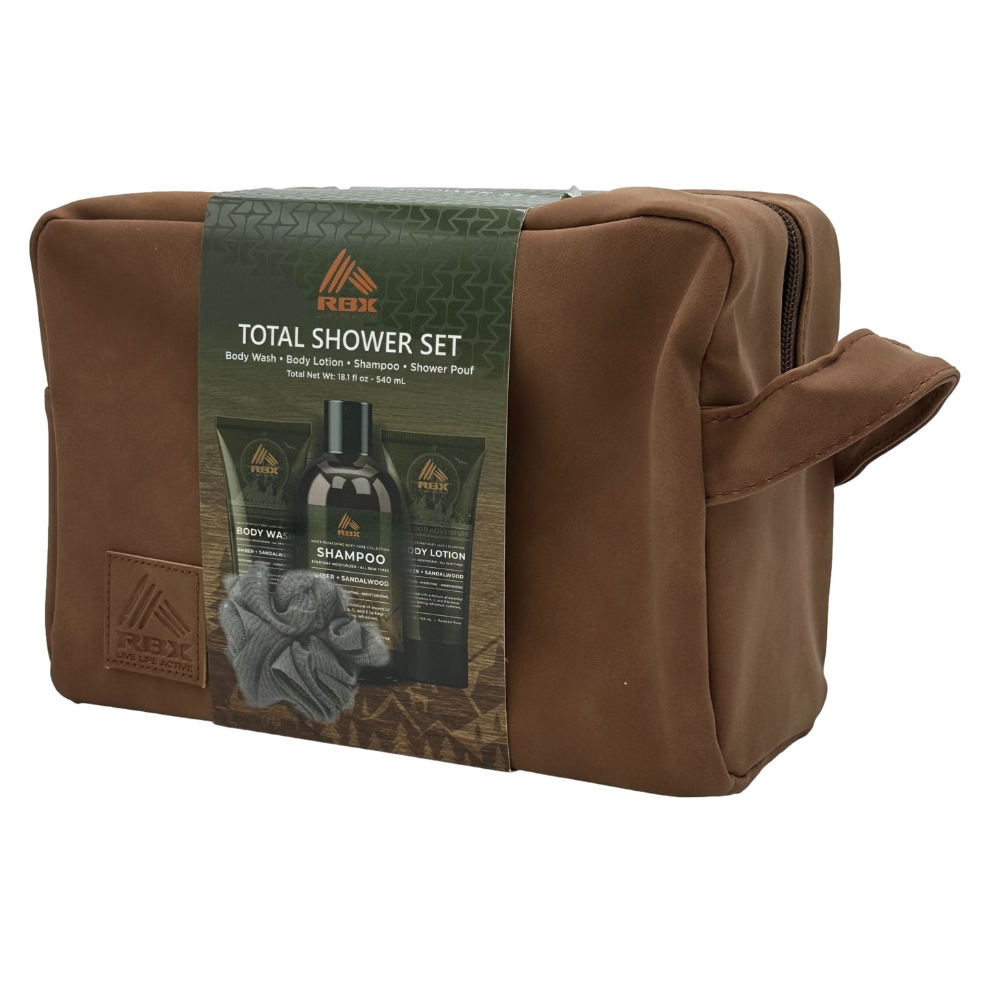Brown RBX total shower set in a brown toiletry bag.