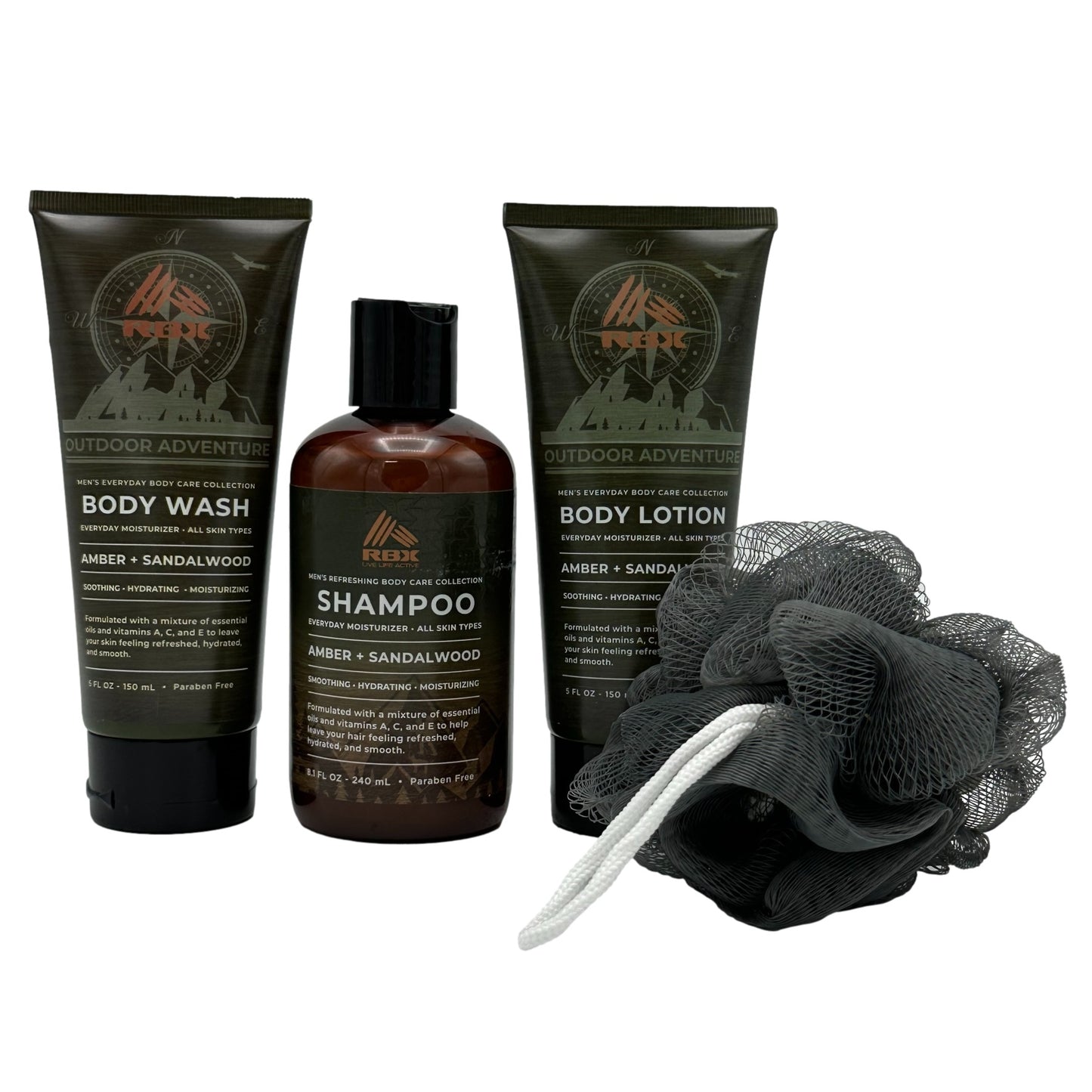 Three bottles of RBX men's body care products, with a grey loofah.