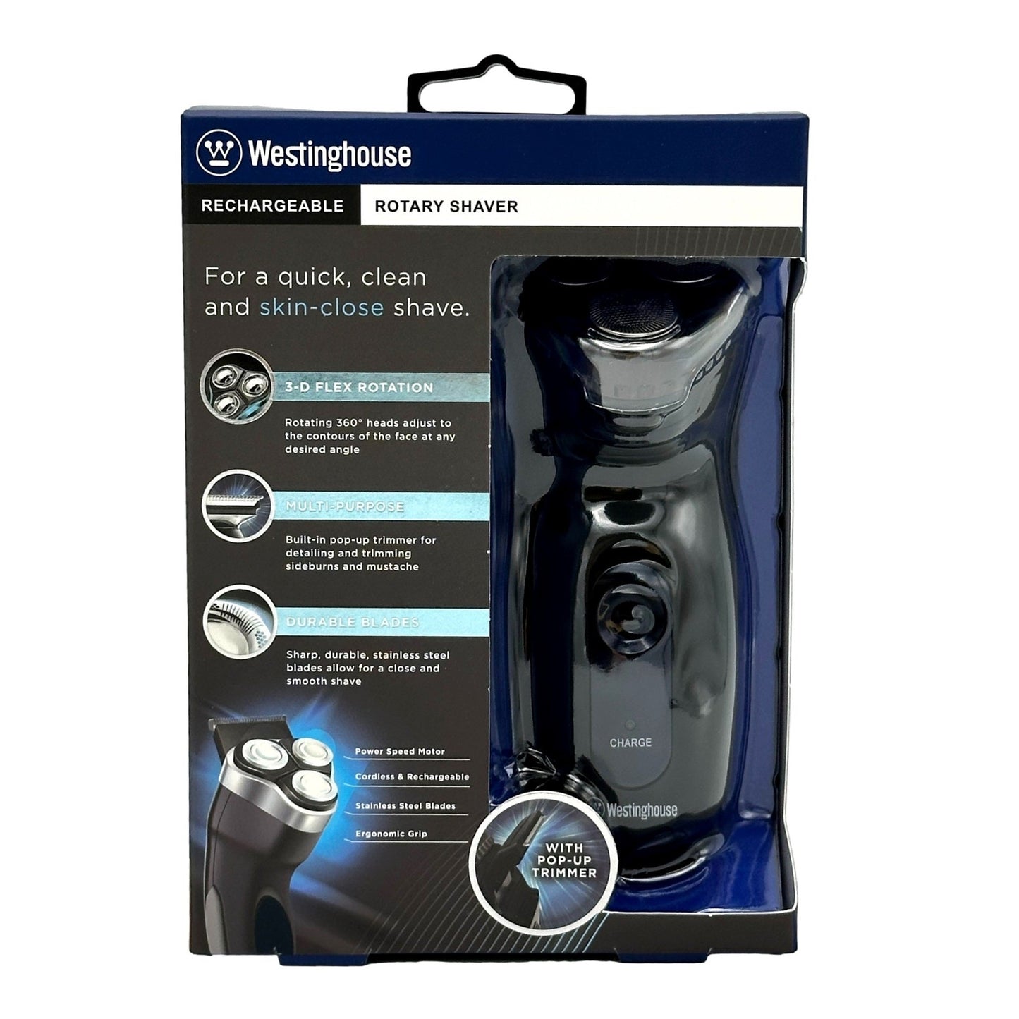Boxed Westinghouse rechargeable rotary shaver.