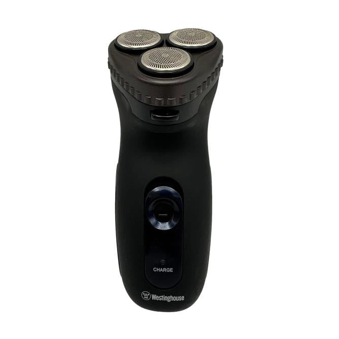 Black electric shaver with three rotary blades.