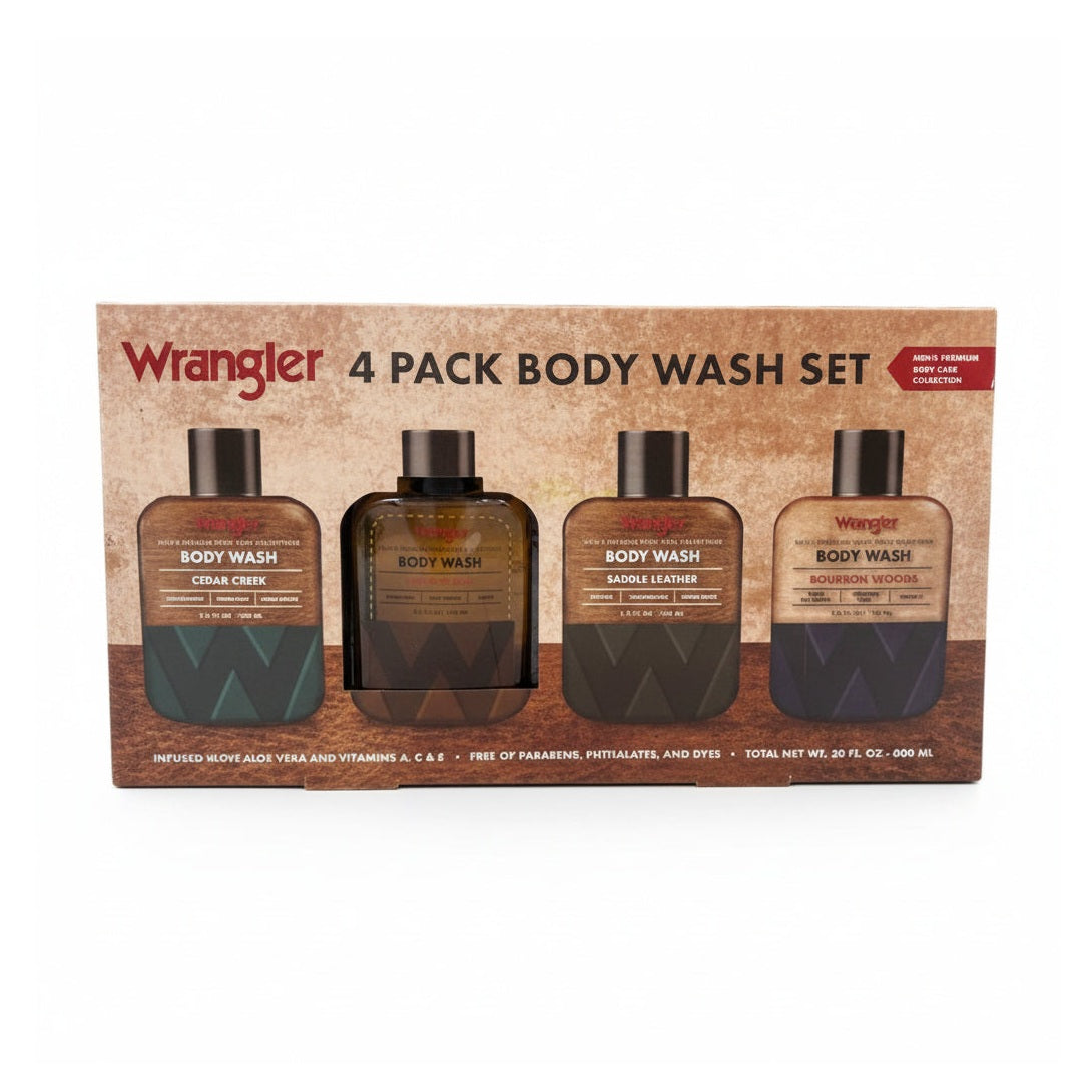 Wrangler 4-pack body wash set in its original retail box, featuring Cedar Creek, Saddle Leather, and Barleycorn scents.