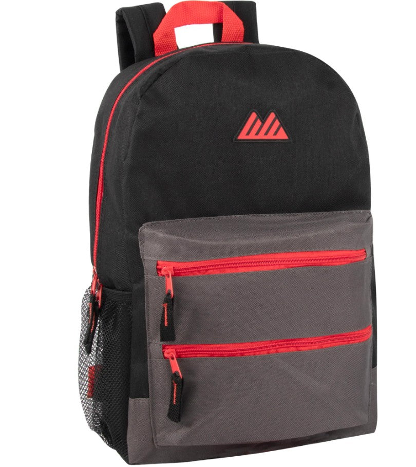 17 IN DOUBLE FRONT ZIPPER POCKET SCHOOL BACKPACK WITH 2 MESH SIDE POCKETS ASSORTED