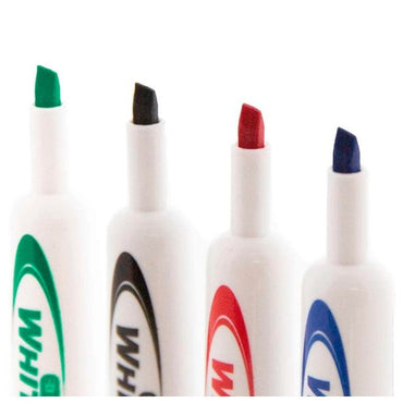 Four whiteboard markers with green, black, red, and blue tips.