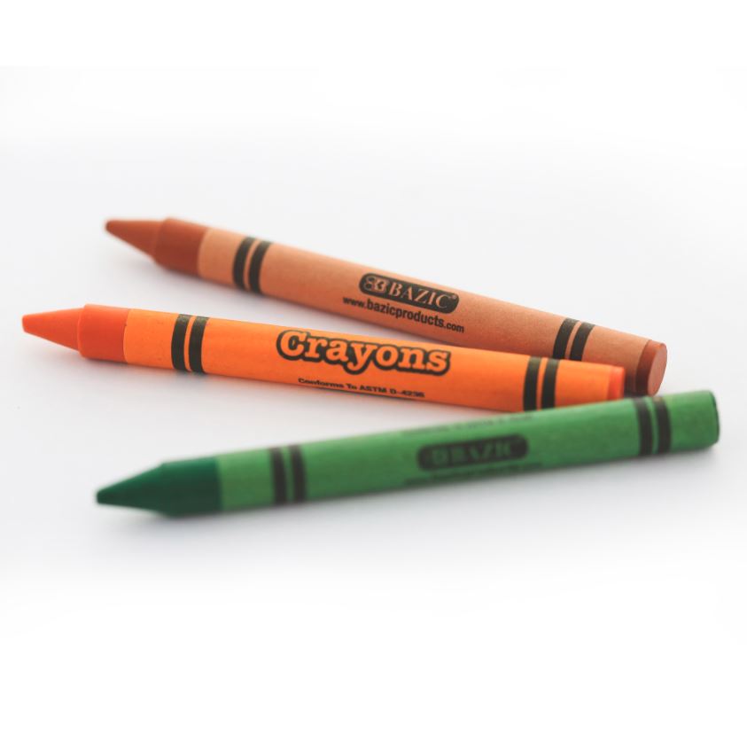 Three crayons in brown, orange, and green.