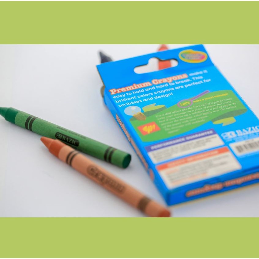 A blue box of crayons with several loose crayons in front.