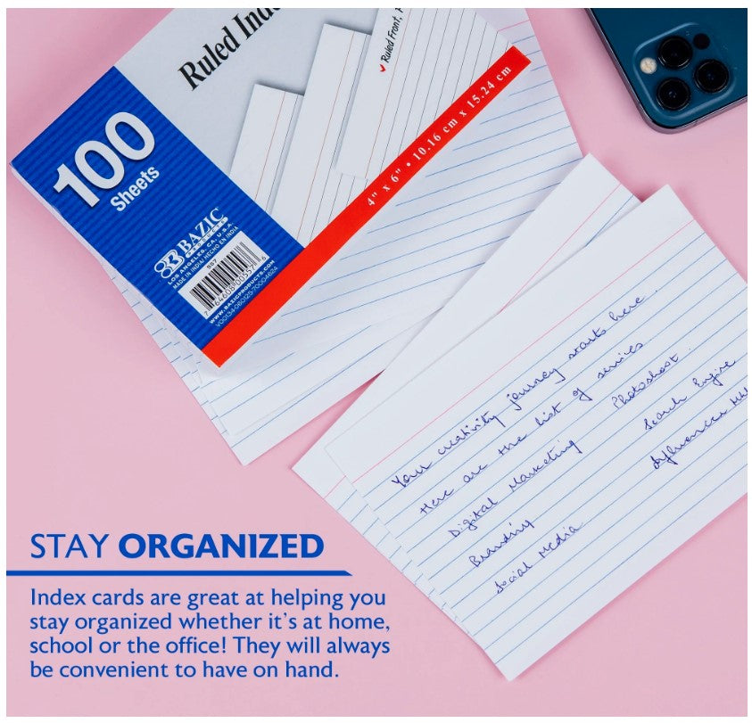 TARJETAS DE ÍNDICE CON RAYOS DE 4 X 6, PAQUETE DE 100