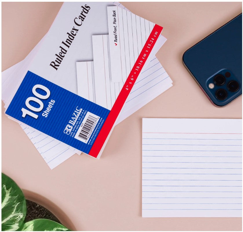TARJETAS DE ÍNDICE CON RAYOS DE 4 X 6, PAQUETE DE 100