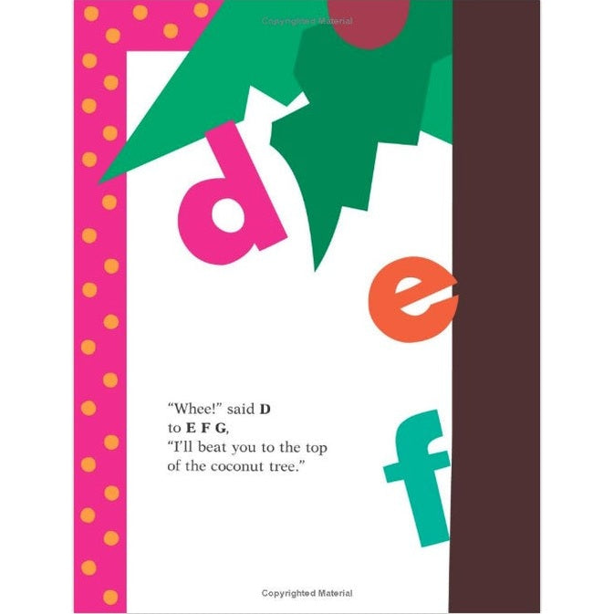 Page from a children's book with colorful letters and a coconut tree.