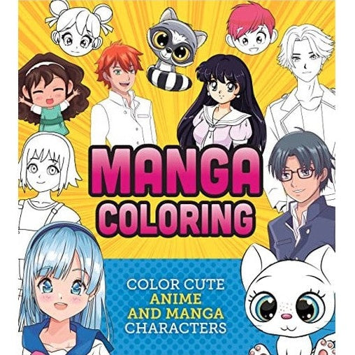 A coloring book cover with manga characters on a bright yellow and blue background.