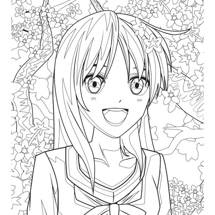 Black and white line drawing of a smiling anime girl in a school uniform, surrounded by floral branches.