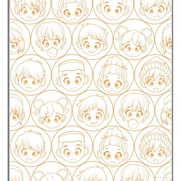 Patterned sheet of orange-outlined cartoon faces in circles.