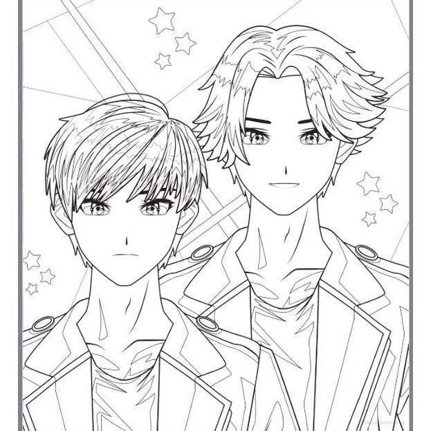 Two anime-style young men in jackets, black-and-white line drawing.