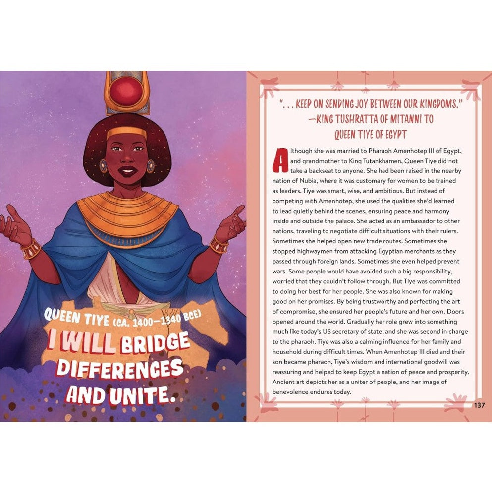 Queen Tiye illustration; blue cloak, gold collar, red headpiece; quote on page.
