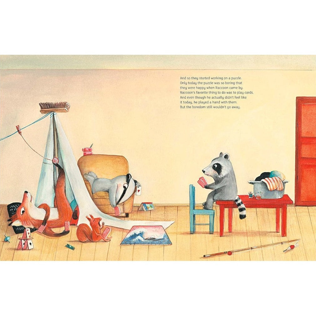 A children's book illustration of animals playing cards.