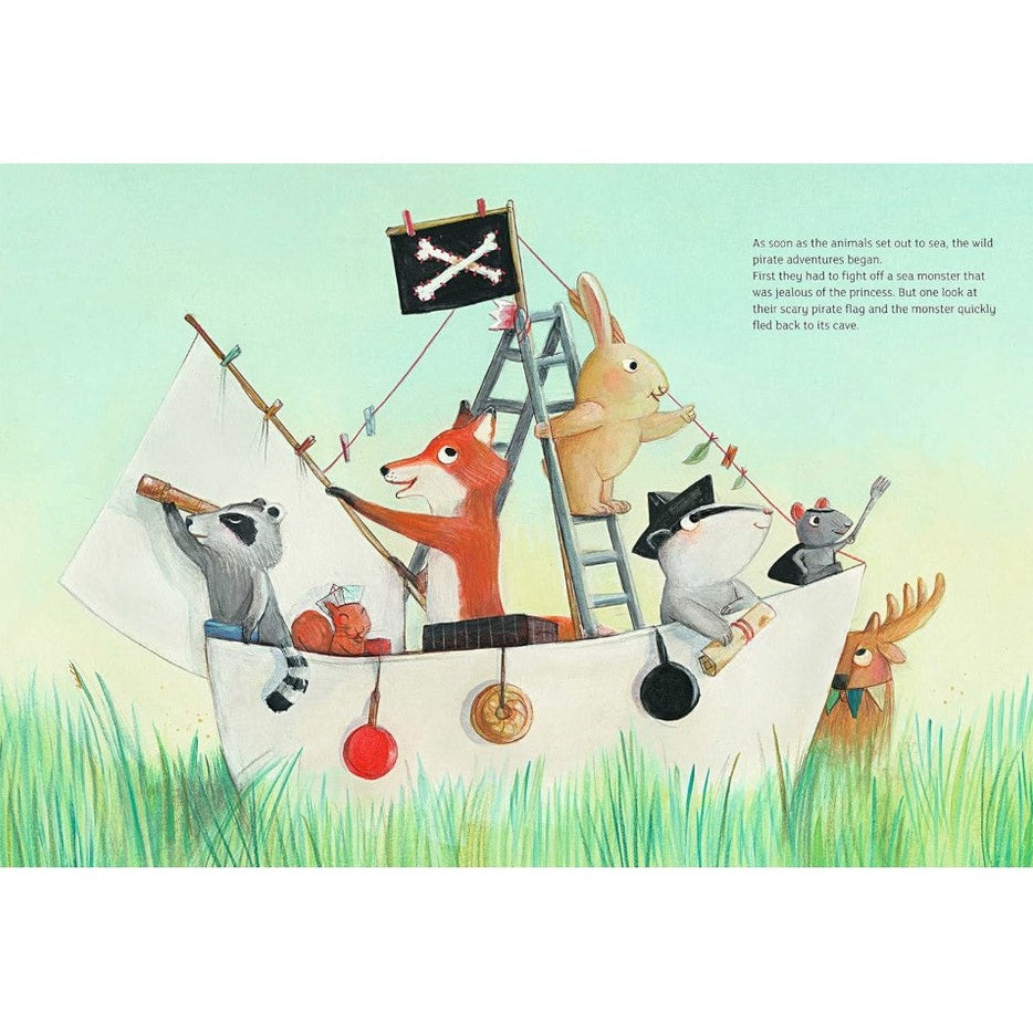 Illustrated page of a children's book showing forest animals in a pirate boat in a green grassy field.