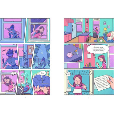 Comic strip featuring a woman in a pink shirt, blue kitchen, cat suit character, and dialogue bubbles.