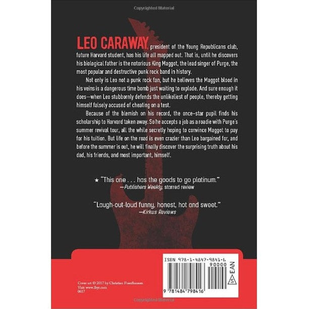 The back cover of the book "Leo Caraway" with a synopsis and reviews. The cover is primarily dark with red text and the image of an electric guitar silhouette in the background. An ISBN barcode is present at the bottom right.