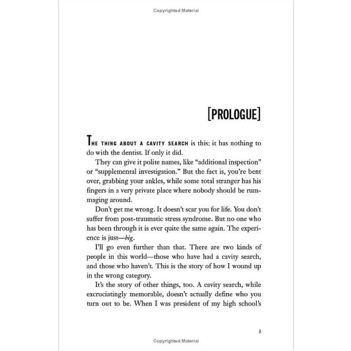 A page from a book titled "Prologue," with text about cavity searches.