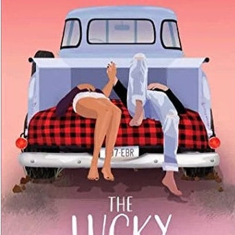 Here are some descriptive alt tags for the product image you sent:
* Illustrated couple lounging in the back of a vintage blue pickup truck.
* Artwork of two people lying on a red plaid blanket in a truck bed.
* Illustration: Back view of a classic light blue truck with legs dangling from the open tailgate.
* Illustration of two people in the bed of a vintage pickup truck.