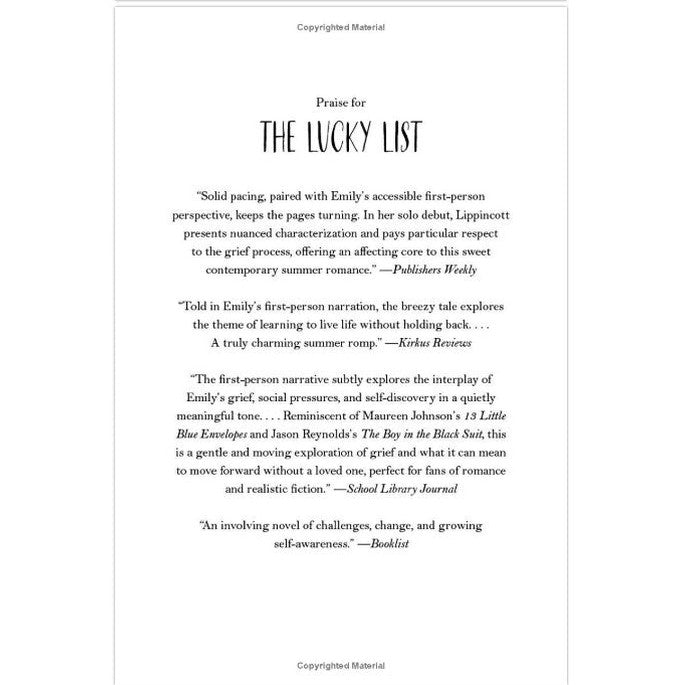 A book page with praise for "The Lucky List."