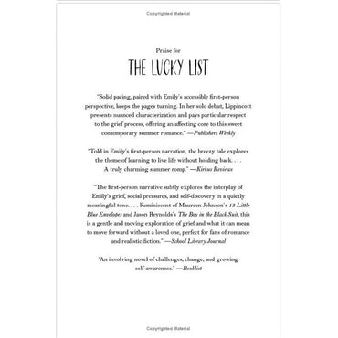 A book page with praise for "The Lucky List."