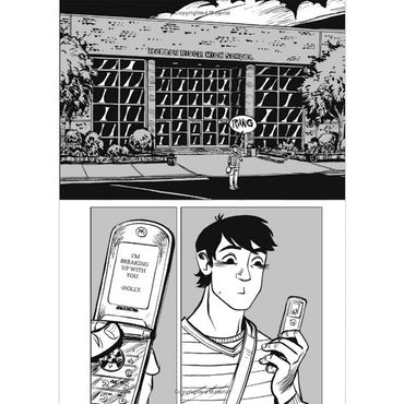Here are possible alt tags:
* Comic strip panel with student getting dumped via text message in front of school.
* Black and white comic strip: student reading breakup text message, flip phone.