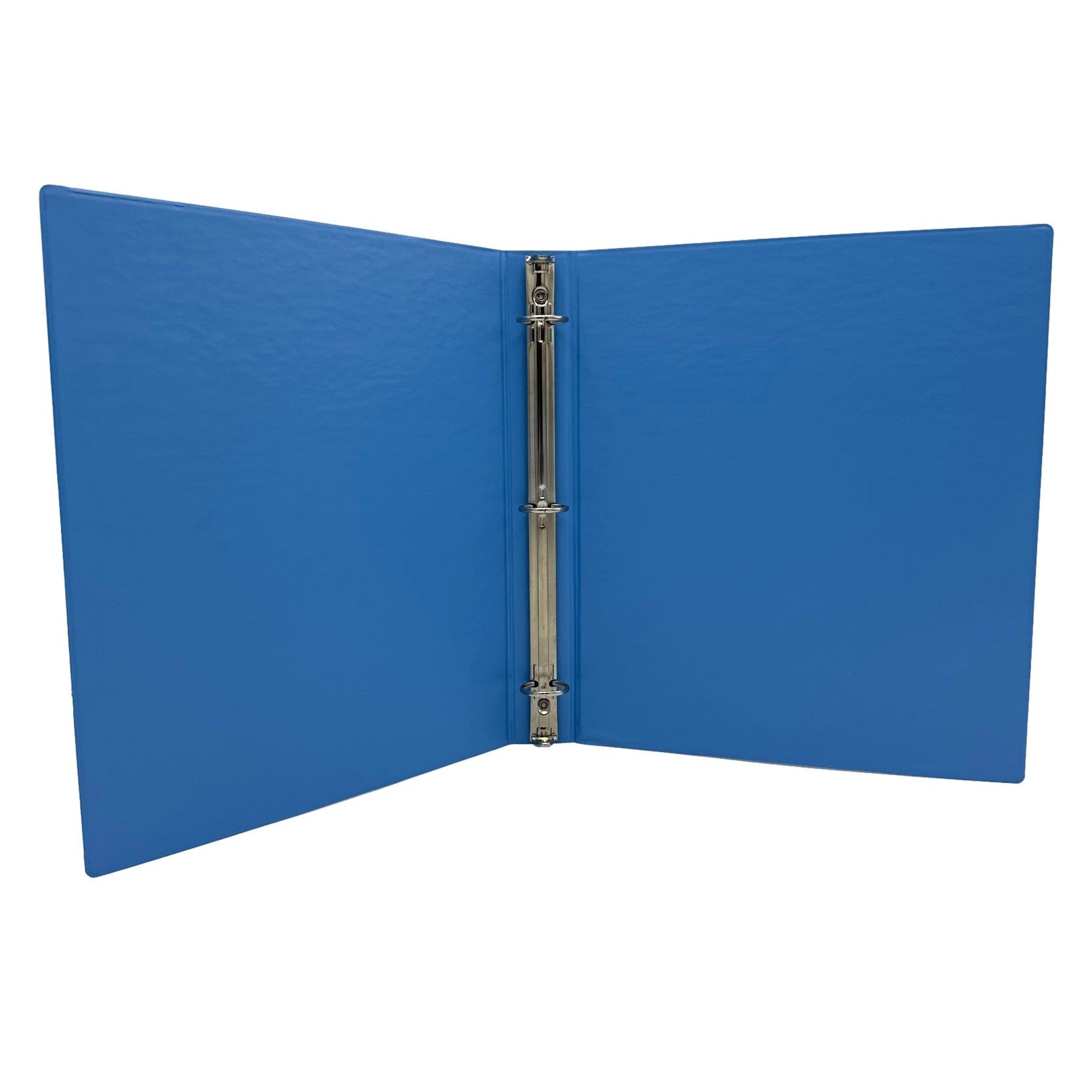 Open, blue, three-ring binder.