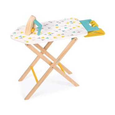 Toy ironing board with wooden legs and triangular pattern on the surface.