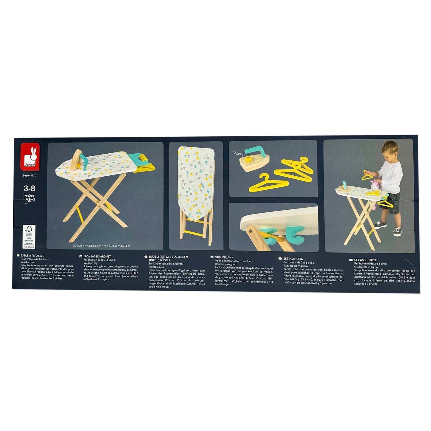 Toy ironing board set in a box, featuring a wooden ironing board, iron, and hangers.