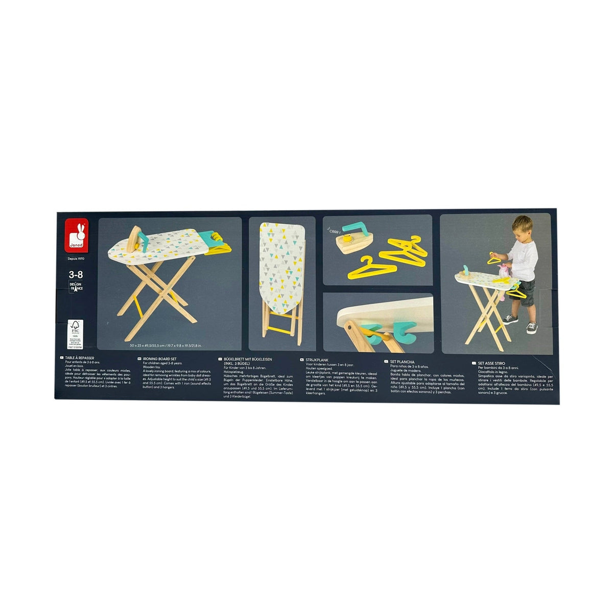 Toy ironing board set in a box, featuring a wooden ironing board, iron, and hangers.