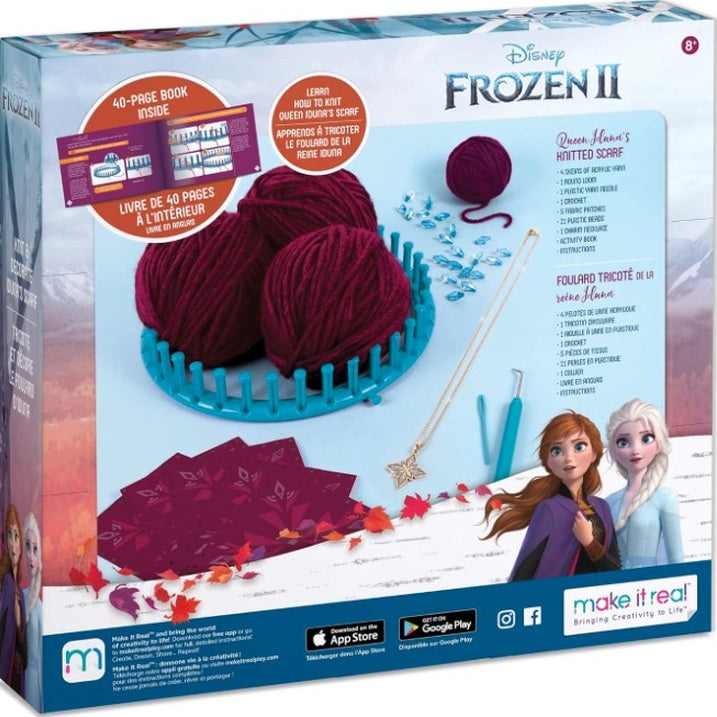 Box for a Disney Frozen II Queen Iduna knitted scarf kit with yarn, knitting loom, crochet hook, charms, Anna, and Elsa.