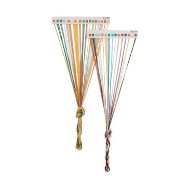Two thread kits with color cards, thread strands of various colors tied into knots.