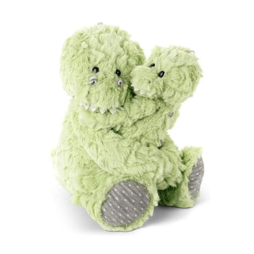 Two green plush toy dinosaurs, one larger than the other, in an embracing pose.