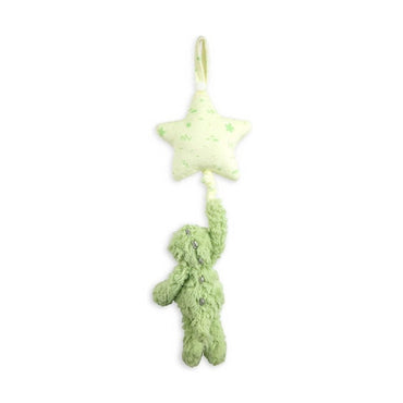 Green plush toy of a bear hanging from a yellow star.