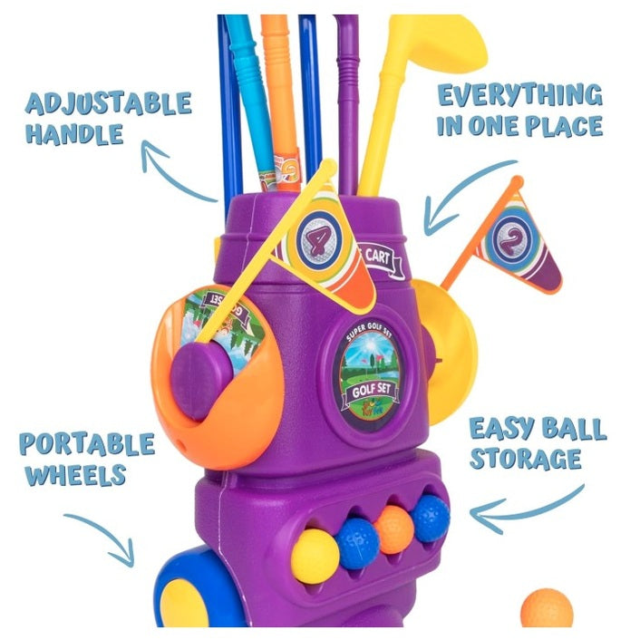 Close up shot of a purple plastic golf cart toy with a flag and storage for golf balls and clubs.