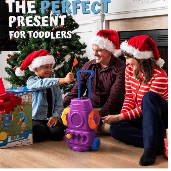 Family around Christmas tree with toddler-sized golf set.