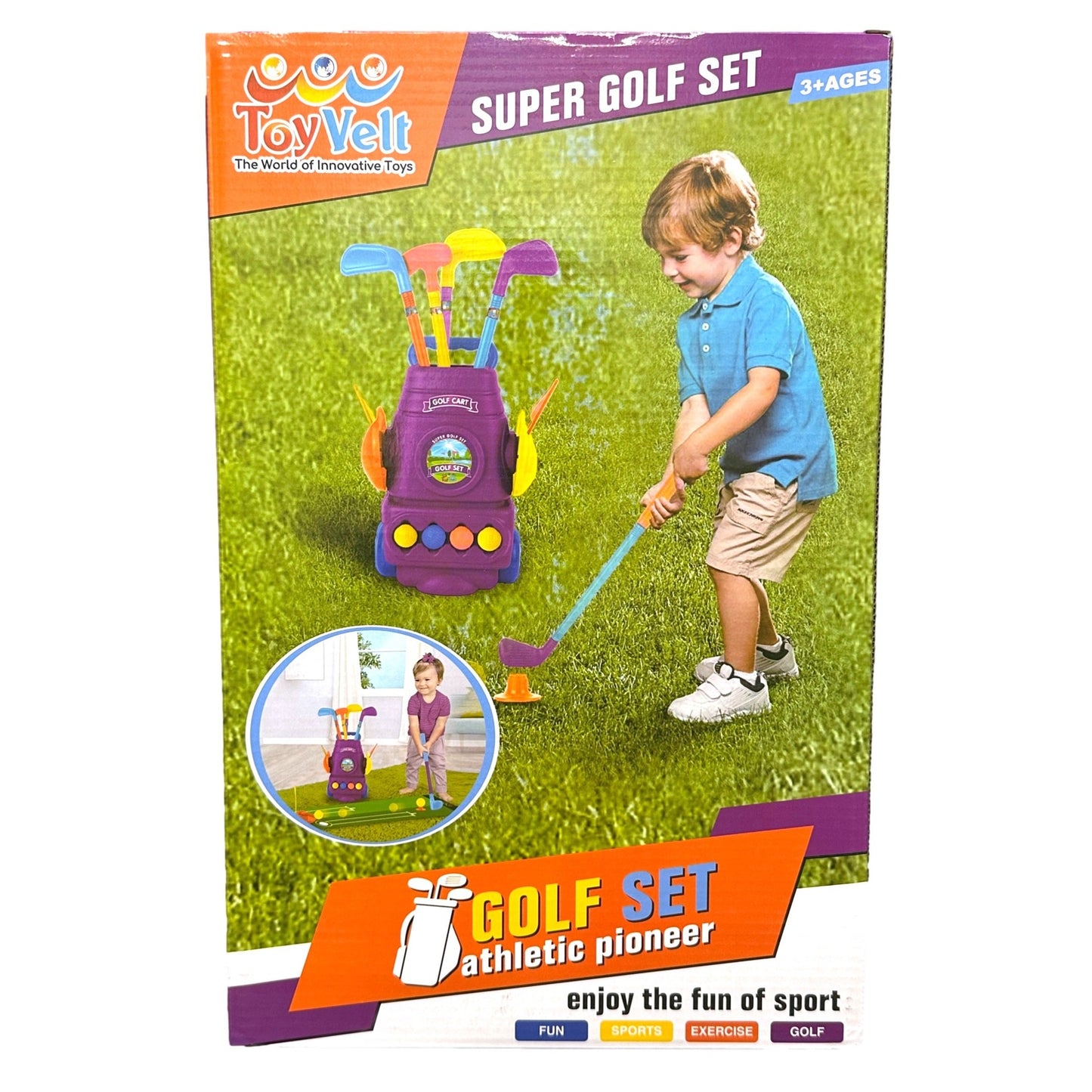 Product box for a "Toy Velt SUPER GOLF SET" featuring a young boy swinging a golf club and a golf cart toy.