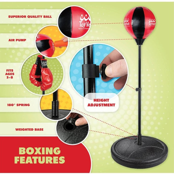 A red and black ToyVelt boxing punching bag set with an adjustable stand and various features highlighted.