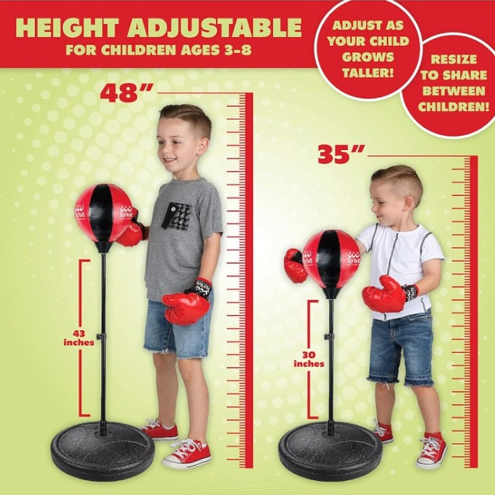 Two children wearing boxing gloves stand on either side of boxing bags, which are labeled with measurements.
